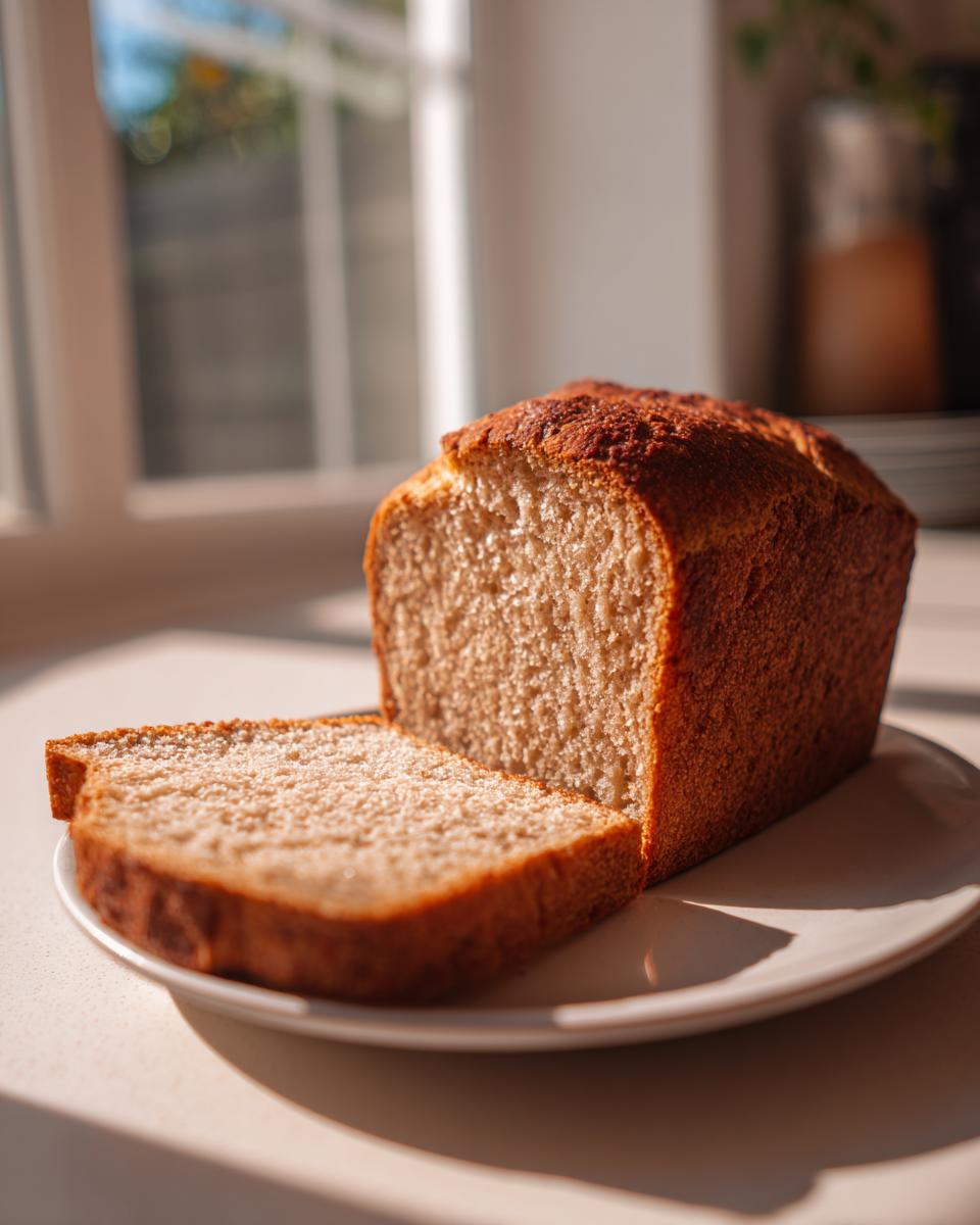 A golden-brown loaf of cottage cheese bread, partially sliced, resting on a white plate in bright sunlight.