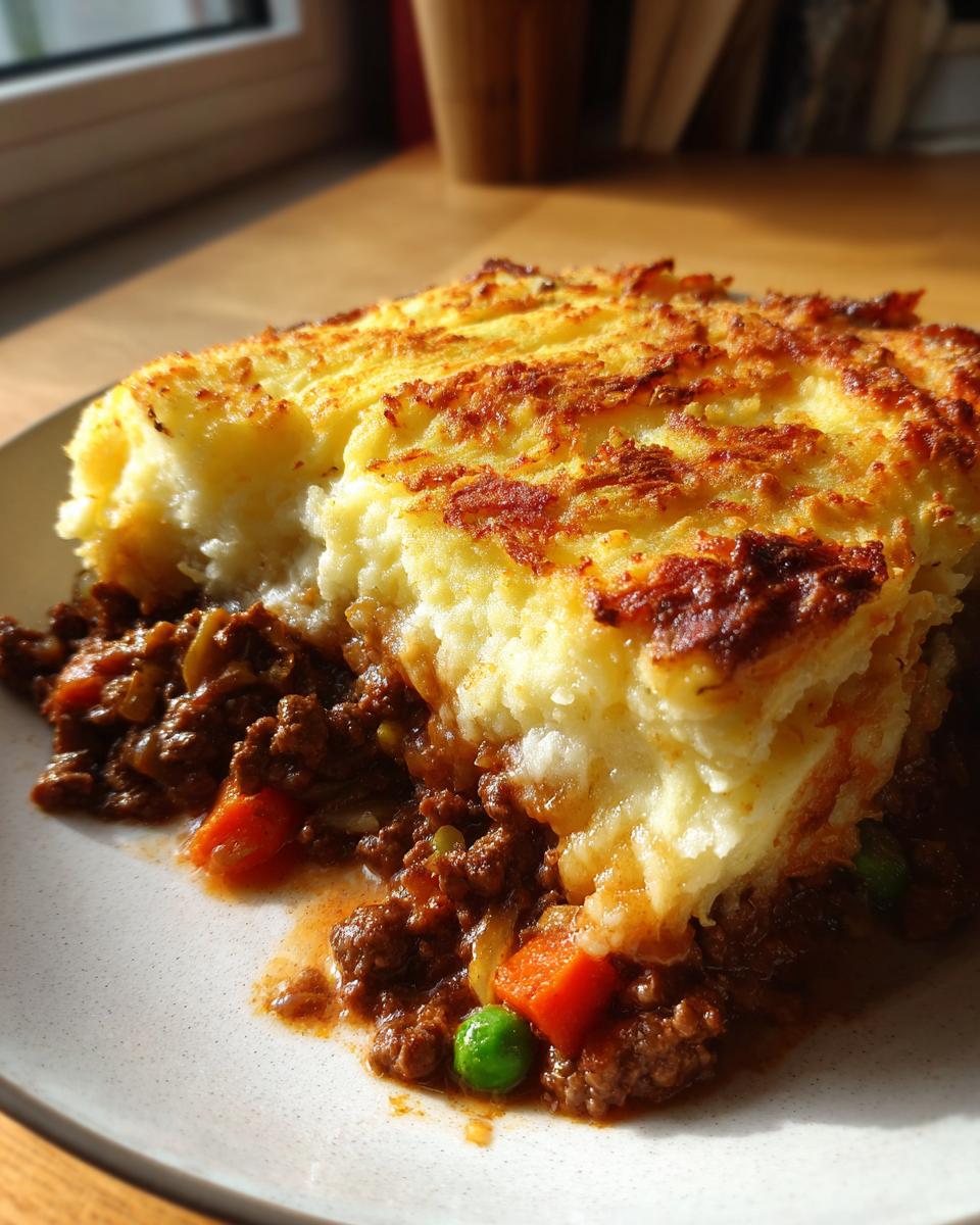 A generous serving of cottage pie recipe showing rich meat filling with carrots and peas beneath a thick, golden-brown, crispy mashed potato topping.