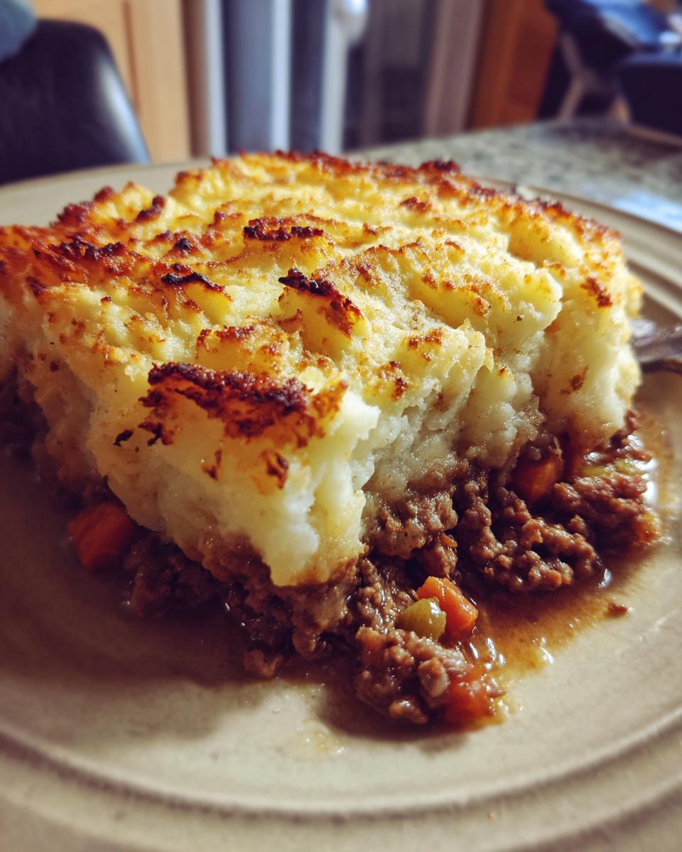 A close-up of a hearty serving of cottage pie recipe with a browned, crispy mashed potato topping over rich meat filling.
