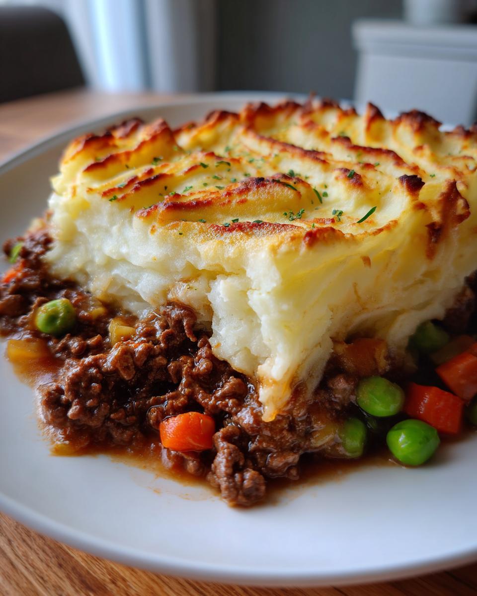 Close-up of a hearty slice of cottage pie recipe showing rich meat filling and browned, piped mashed potato topping.