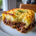 A close-up serving of cottage pie recipe showing rich meat filling and a golden, browned mashed potato topping garnished with parsley.