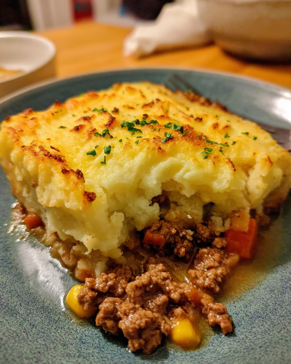 A close-up of a slice of cottage pie recipe showing rich meat filling and browned mashed potato topping.