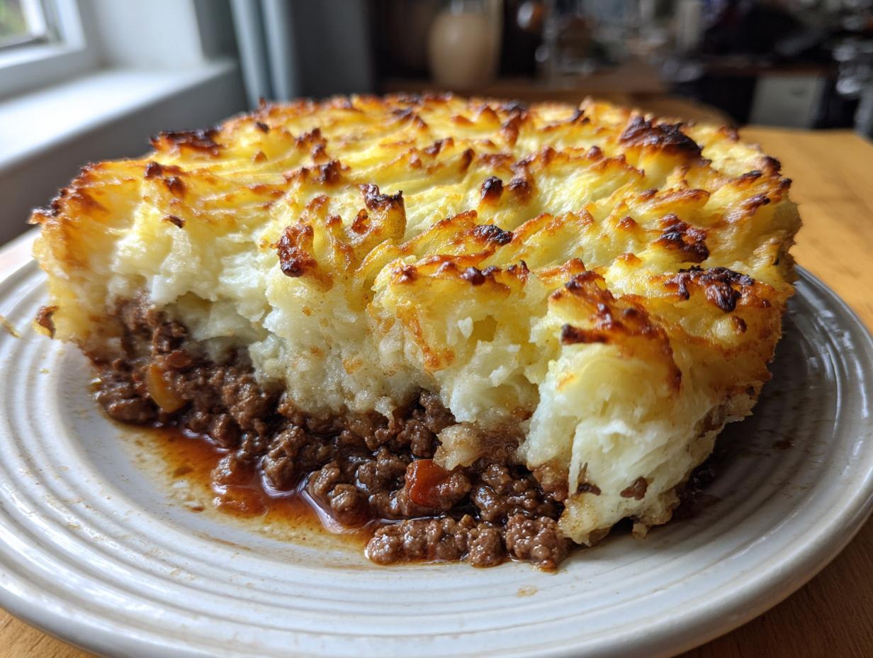 A close-up cross-section of a homemade cottage pie recipe showing rich meat filling and golden, crispy mashed potato topping.
