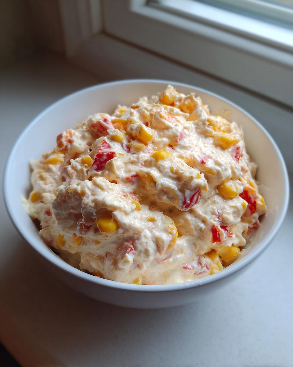 Close-up of creamy boat dip mixed with yellow corn kernels and red peppers in a white bowl.