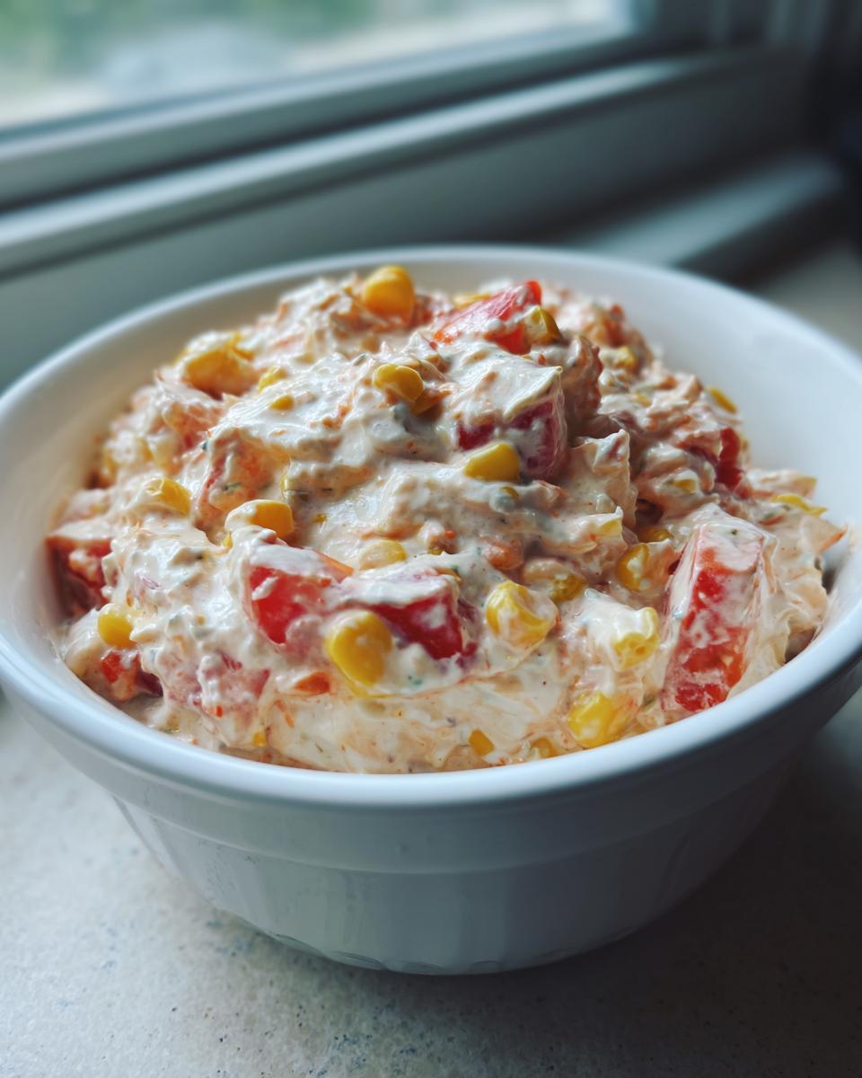 Close-up of a creamy, colorful boat dip mixed with corn and diced red tomatoes in a white serving bowl.