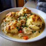 A close-up of creamy chicken and dumplings topped with three golden, fluffy biscuits and fresh parsley.