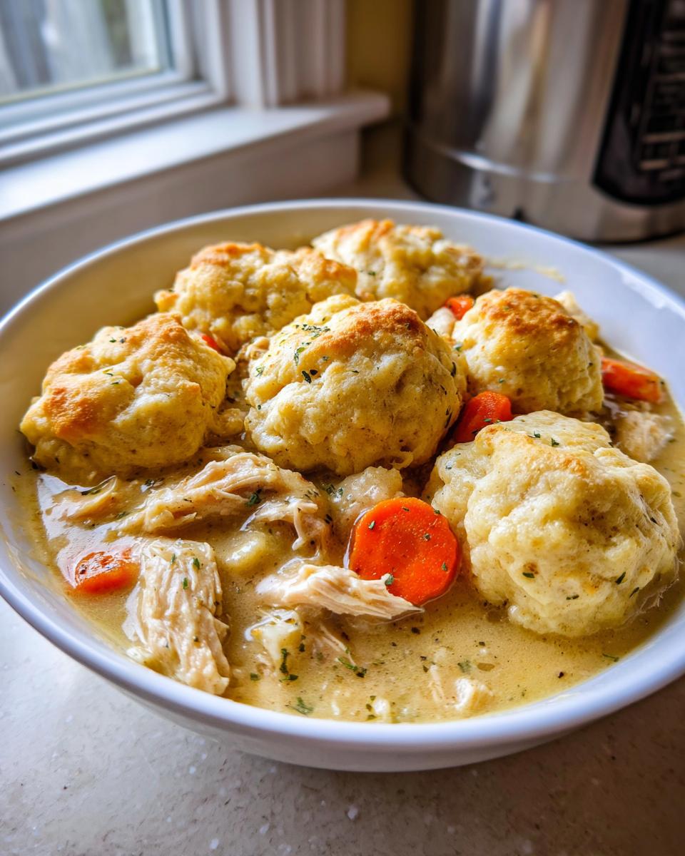 A close-up of a bowl of creamy chicken and dumplings, featuring shredded chicken, sliced carrots, and fluffy dumplings.