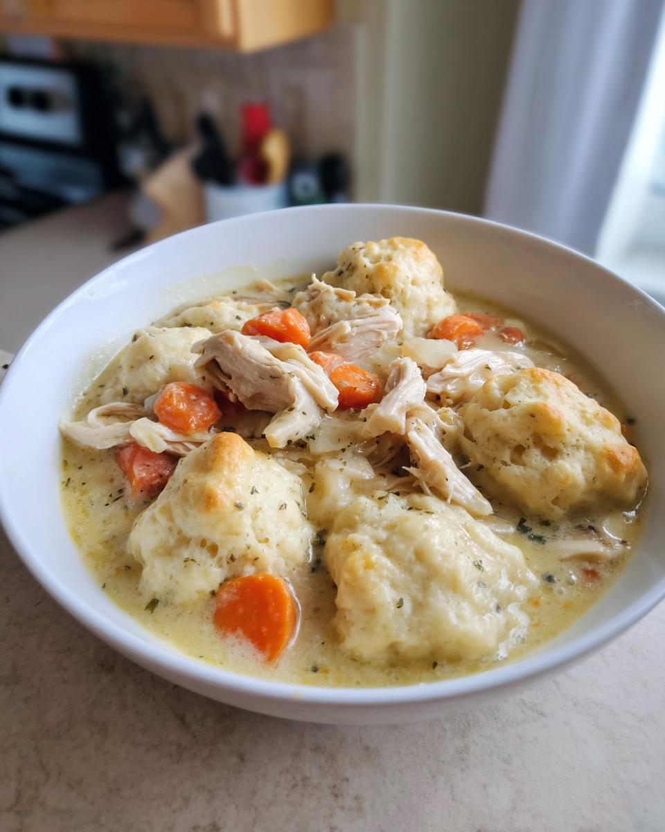 A close-up of a white bowl filled with creamy chicken and dumplings, featuring shredded chicken and bright orange carrots.