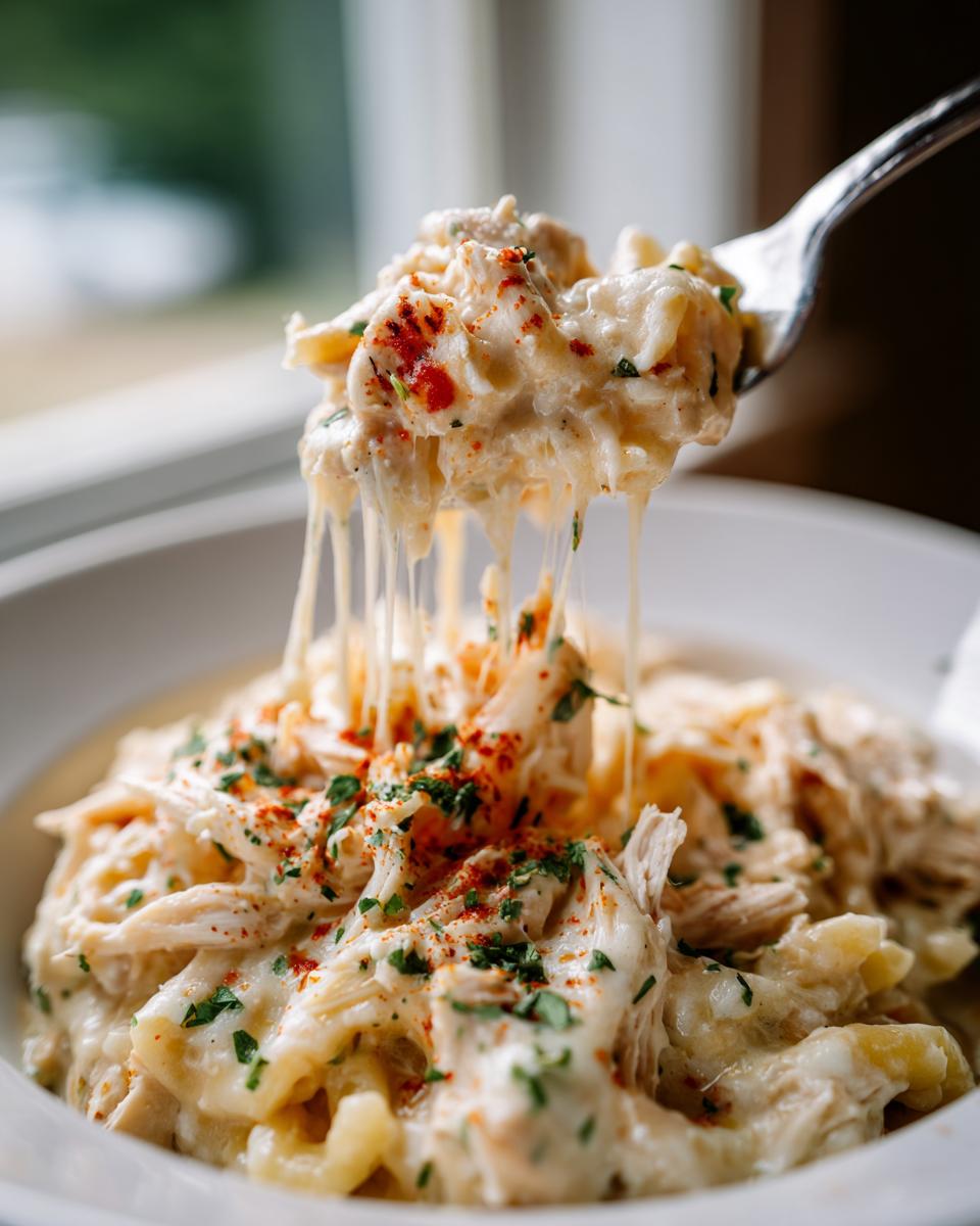 A fork lifts creamy chicken parmesan soup, showing long cheese pulls over the bowl.