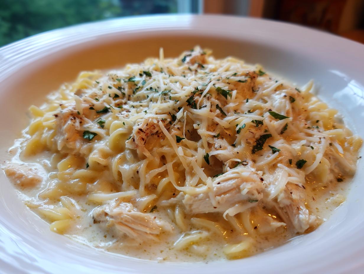 A close-up of creamy chicken parmesan soup served over rotini pasta, topped with shredded Parmesan and parsley.