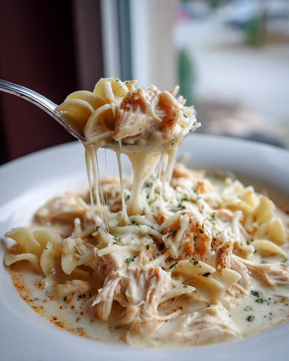 A spoonful of creamy chicken parmesan soup with pasta and stringy melted cheese being lifted from a white bowl.