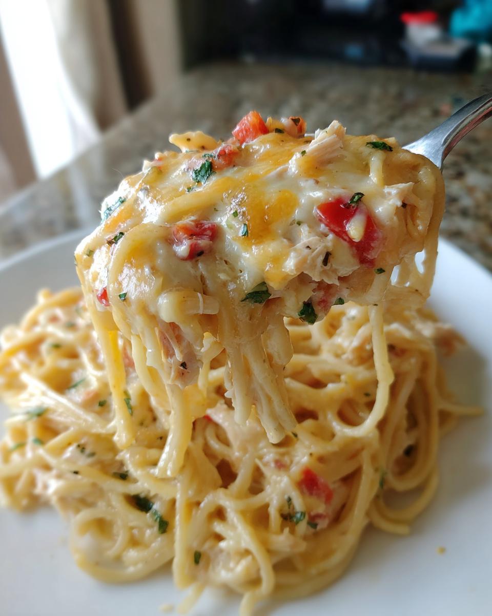 A fork lifting a cheesy, creamy portion of chicken spaghetti topped with diced red peppers and parsley.