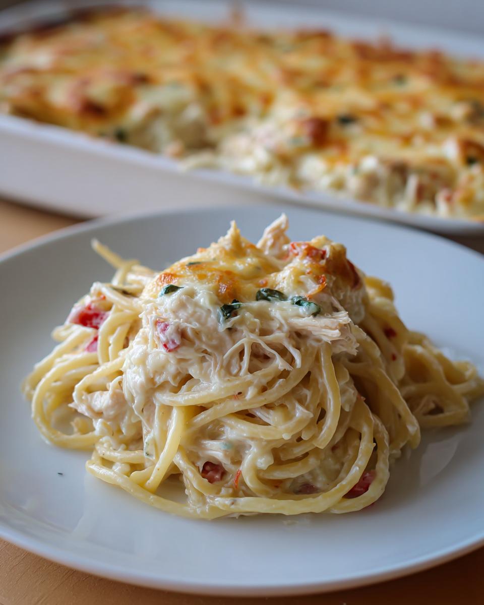 A close-up serving of creamy chicken spaghetti topped with melted, browned cheese.