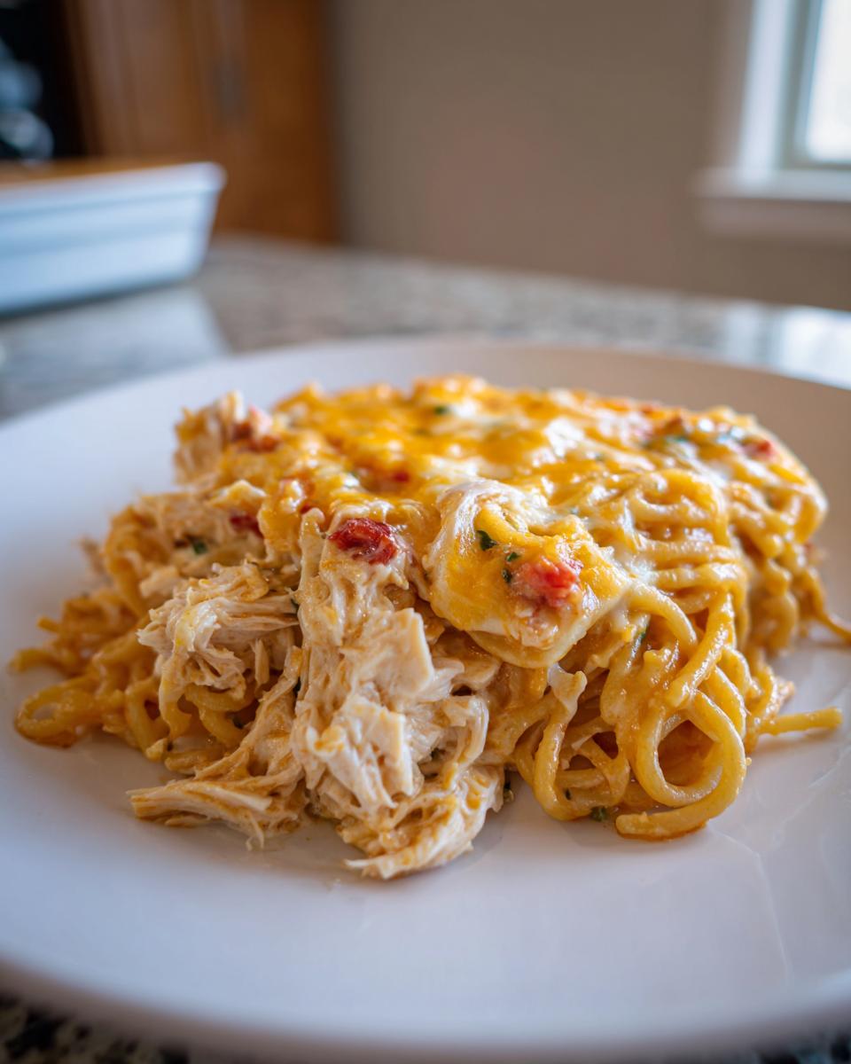 A close-up serving of creamy chicken spaghetti topped with melted cheddar cheese on a white plate.
