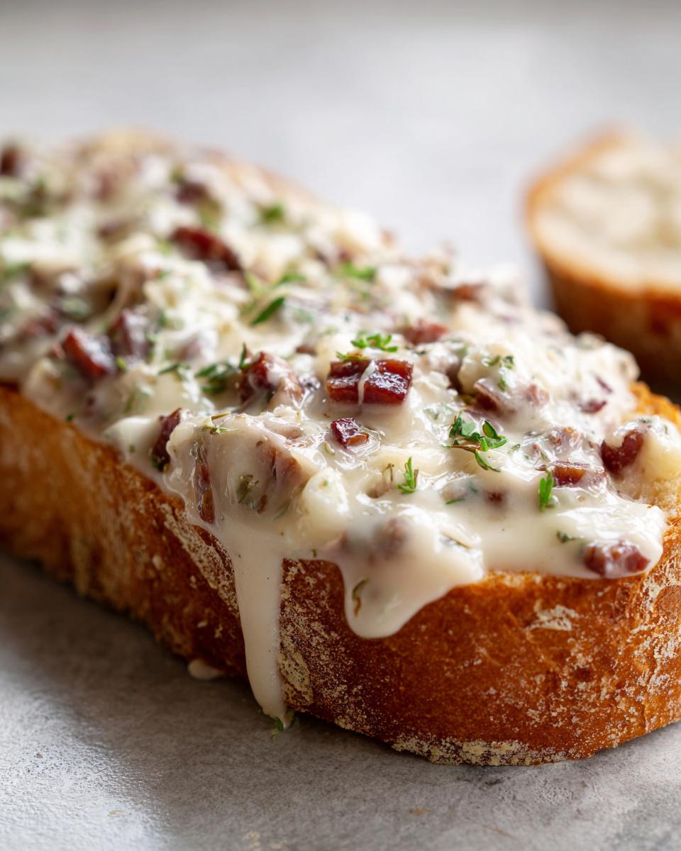 Close-up of creamy chipped beef on toast, featuring savory sauce dripping down the crusty bread.