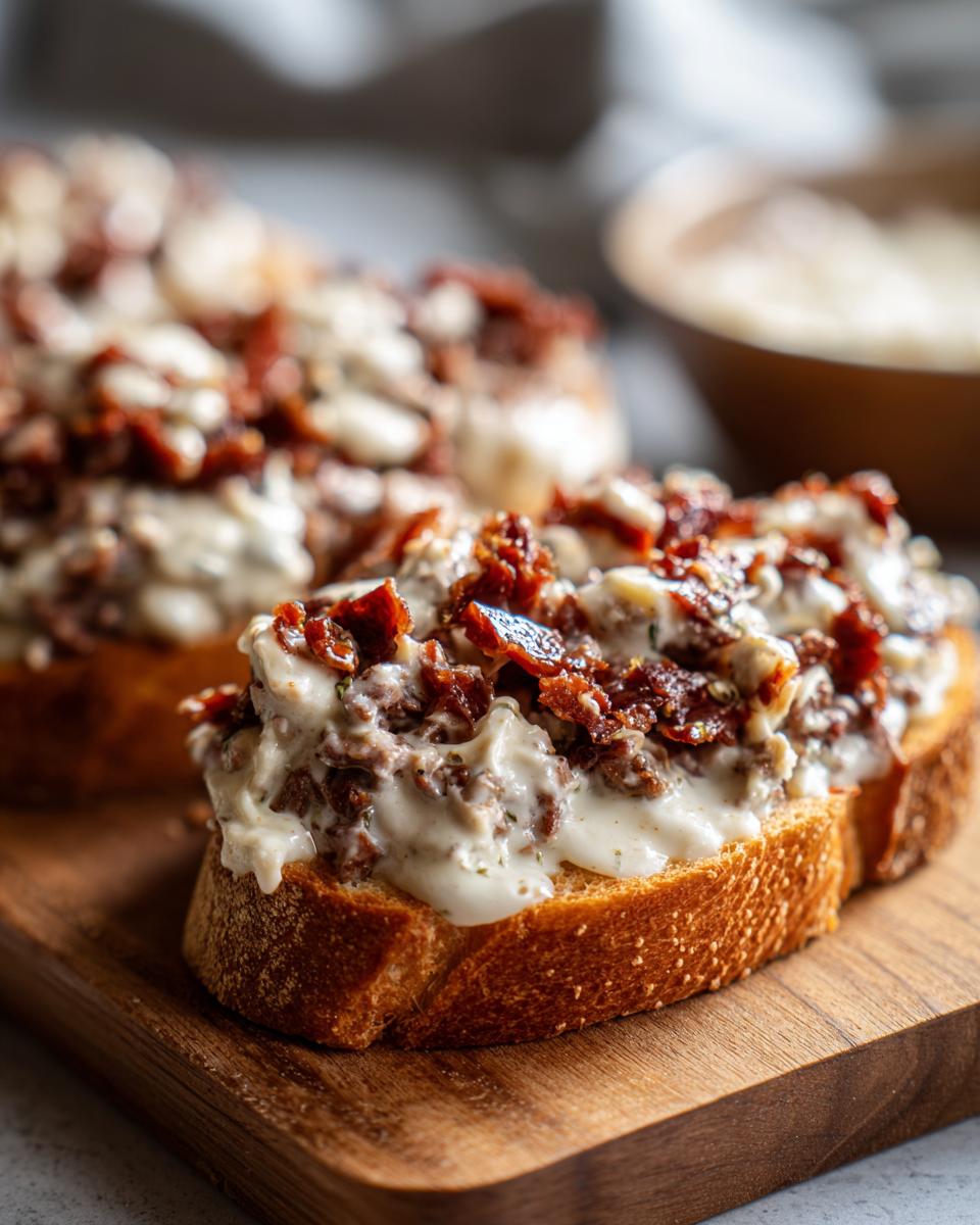 Close-up of a slice of toasted bread generously topped with creamy chipped beef on toast mixture.
