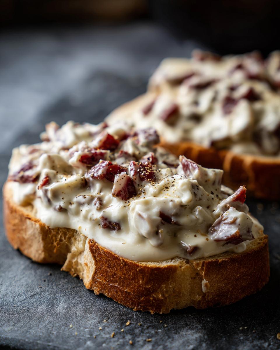 A close-up of a thick slice of toasted bread topped generously with creamy chipped beef on toast mixture.
