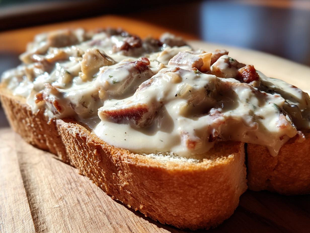Close-up of creamy chipped beef on toast, featuring savory beef pieces in a white sauce over toasted bread.