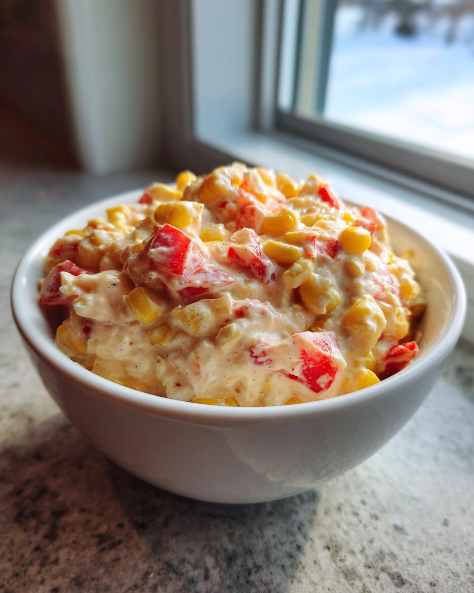 Close-up of creamy boat dip mixture with corn and red peppers in a white bowl.