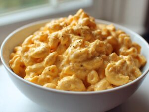 Close-up of creamy, orange cottage cheese mac and cheese topped with black pepper in a white bowl.