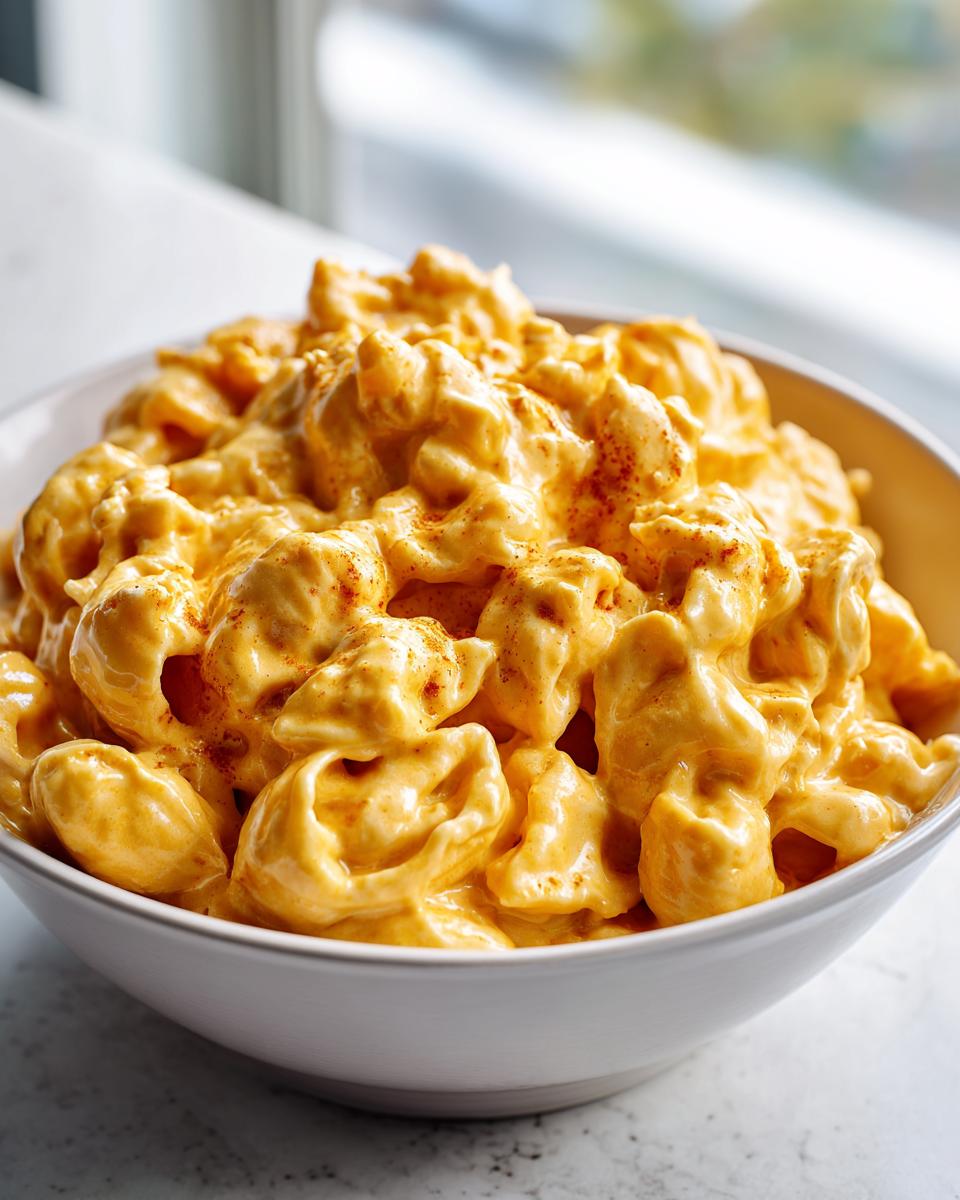 Close-up of creamy, orange-colored cottage cheese mac and cheese served in a white bowl, lightly dusted with paprika.