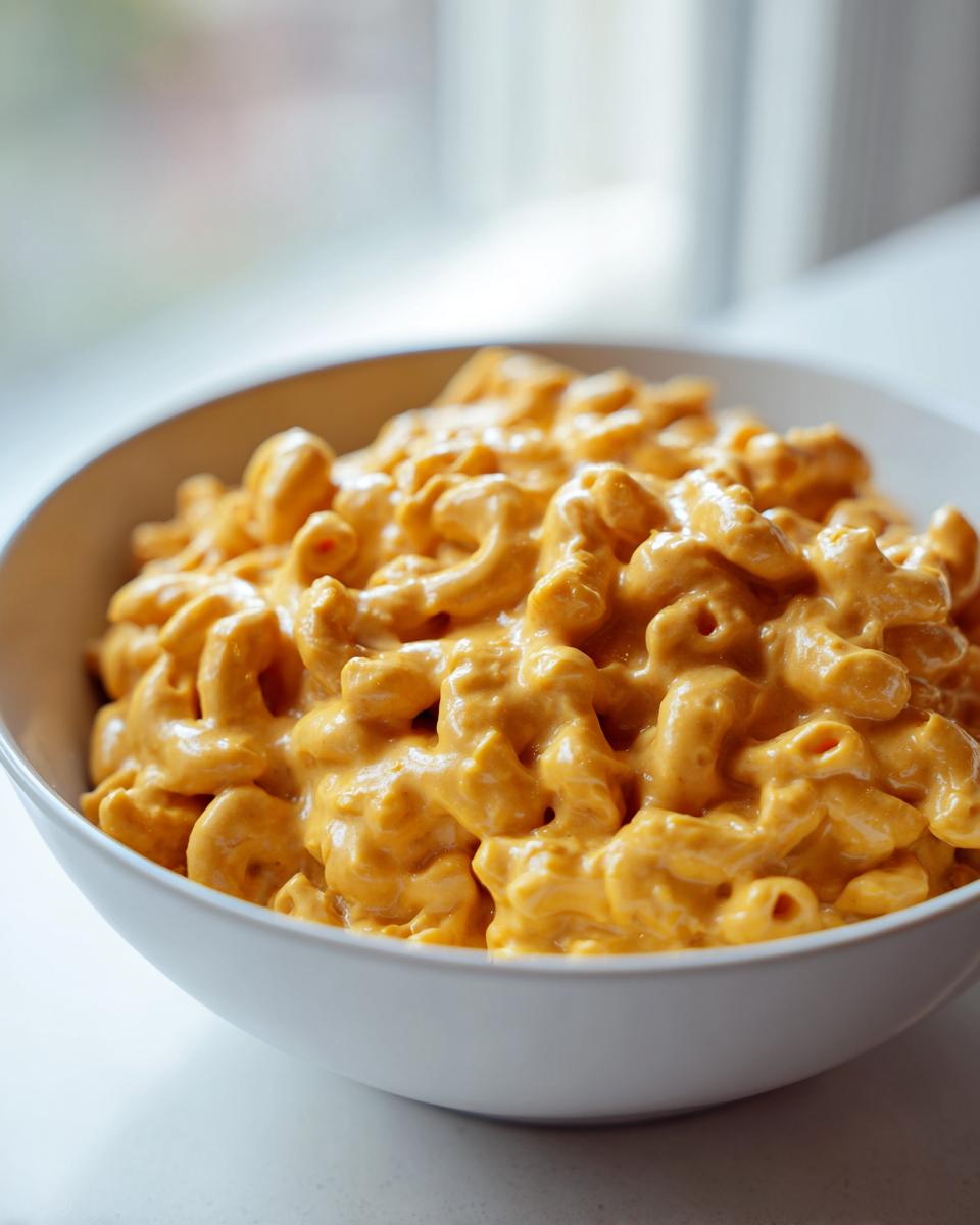 Close-up of creamy, orange-colored cottage cheese mac and cheese served in a white bowl.