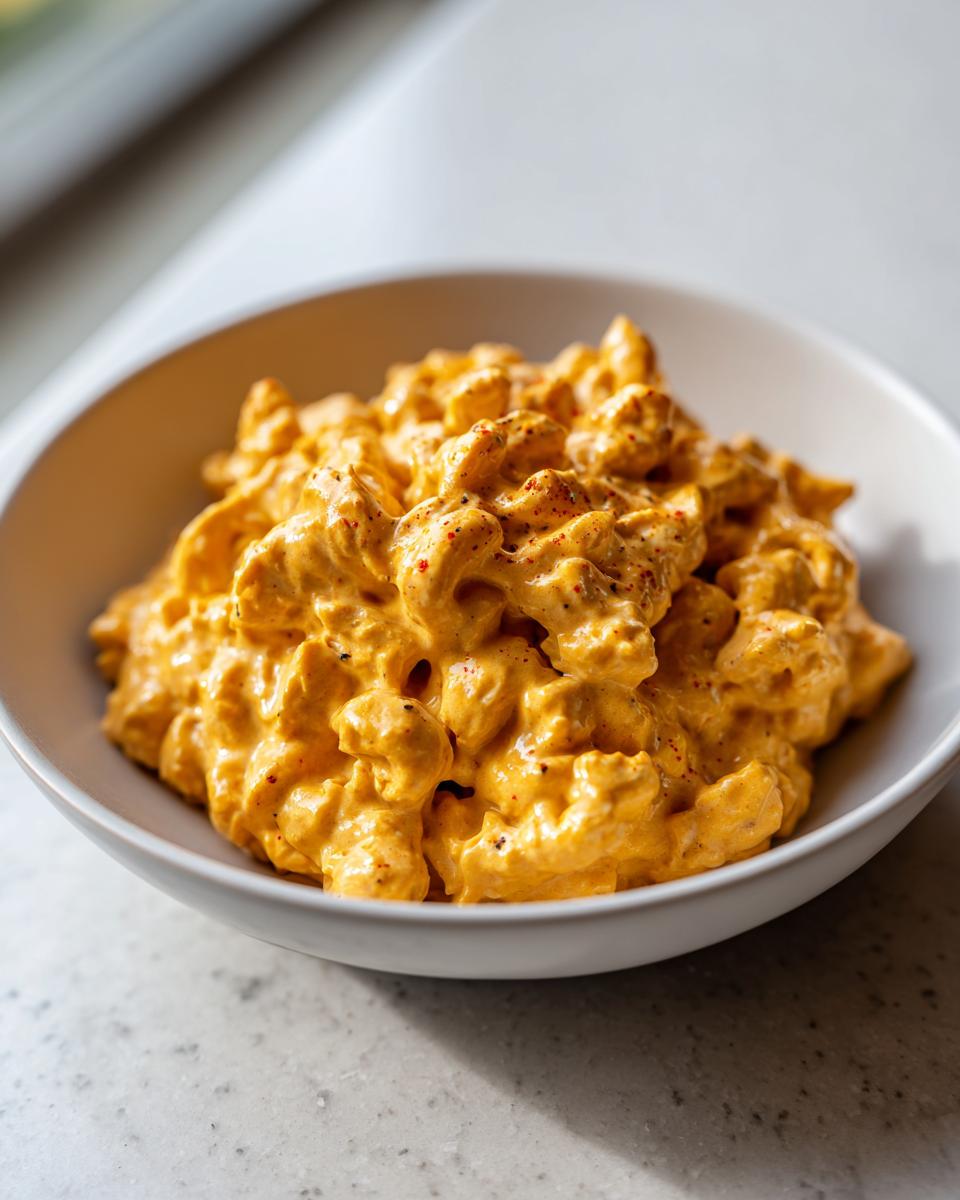 A close-up of creamy, orange cottage cheese mac and cheese served in a white bowl, sprinkled with pepper.