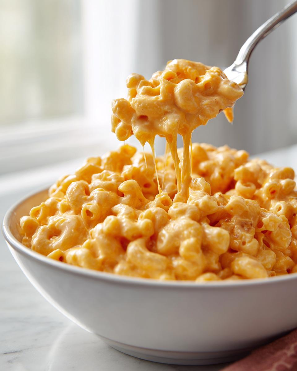 A fork lifts macaroni noodles coated in creamy sauce from a bowl of cottage cheese mac and cheese, showing a dramatic cheese pull.