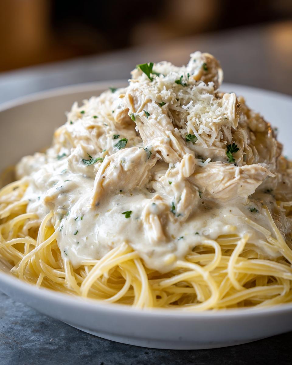 A bowl of spaghetti topped generously with creamy crock pot angel chicken and grated Parmesan cheese.