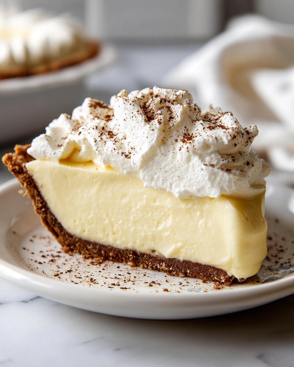 A perfect slice of creamy eggnog pie with a dark crust, topped high with whipped cream and nutmeg dust.