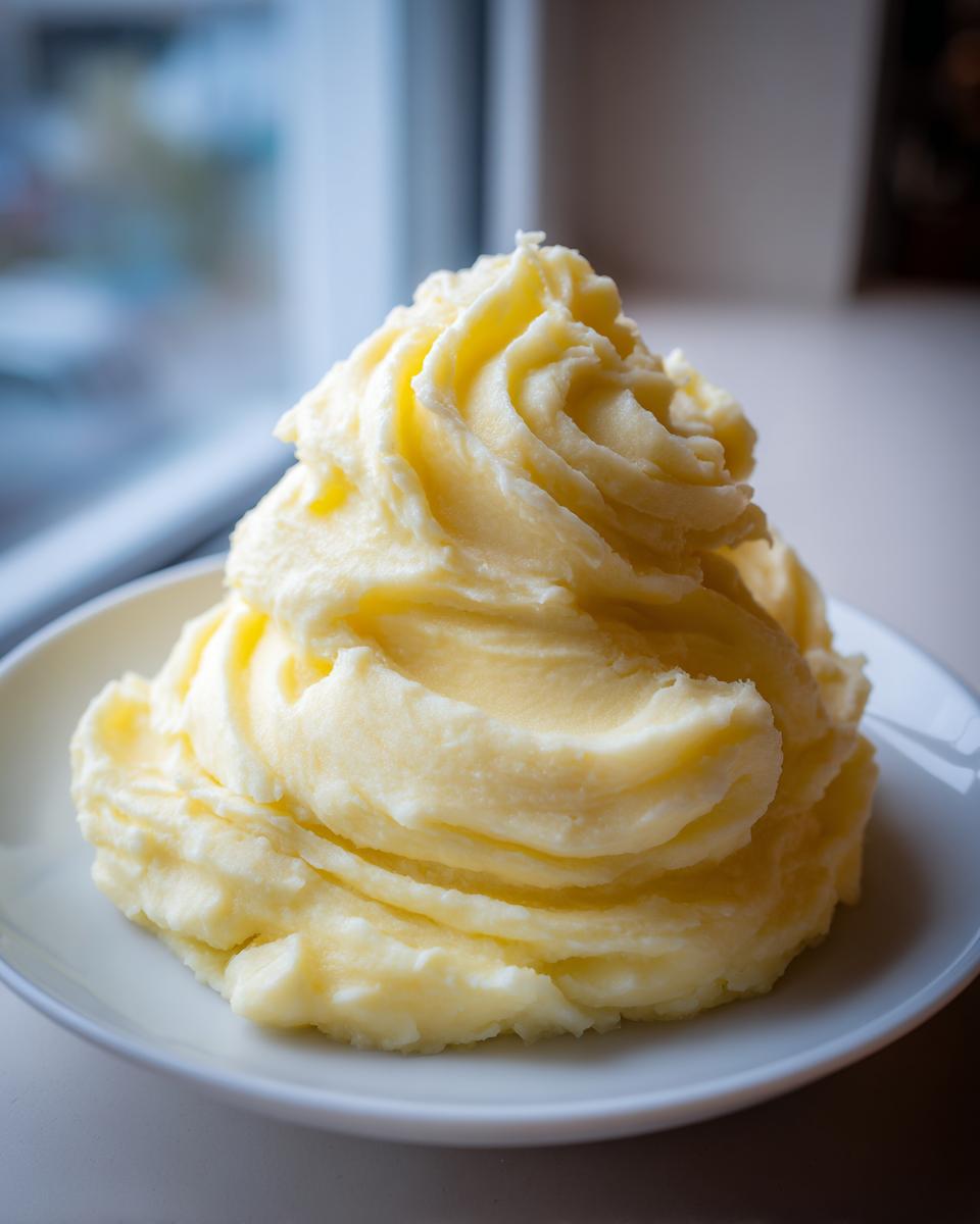 A tall swirl of creamy, yellow mashed potatoes recipe served on a white plate near a window.