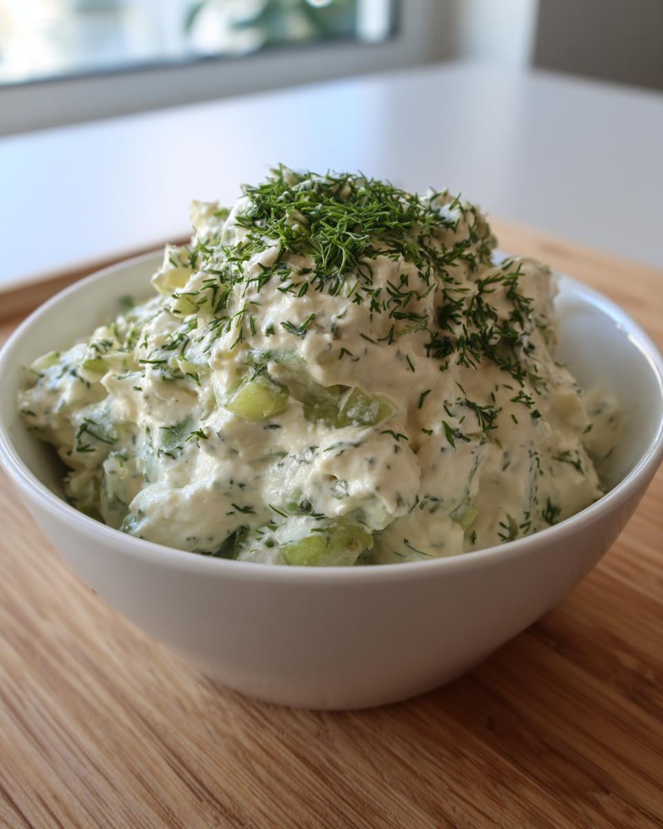 A white bowl filled with creamy pickle dip, studded with chopped pickles and topped generously with fresh dill.