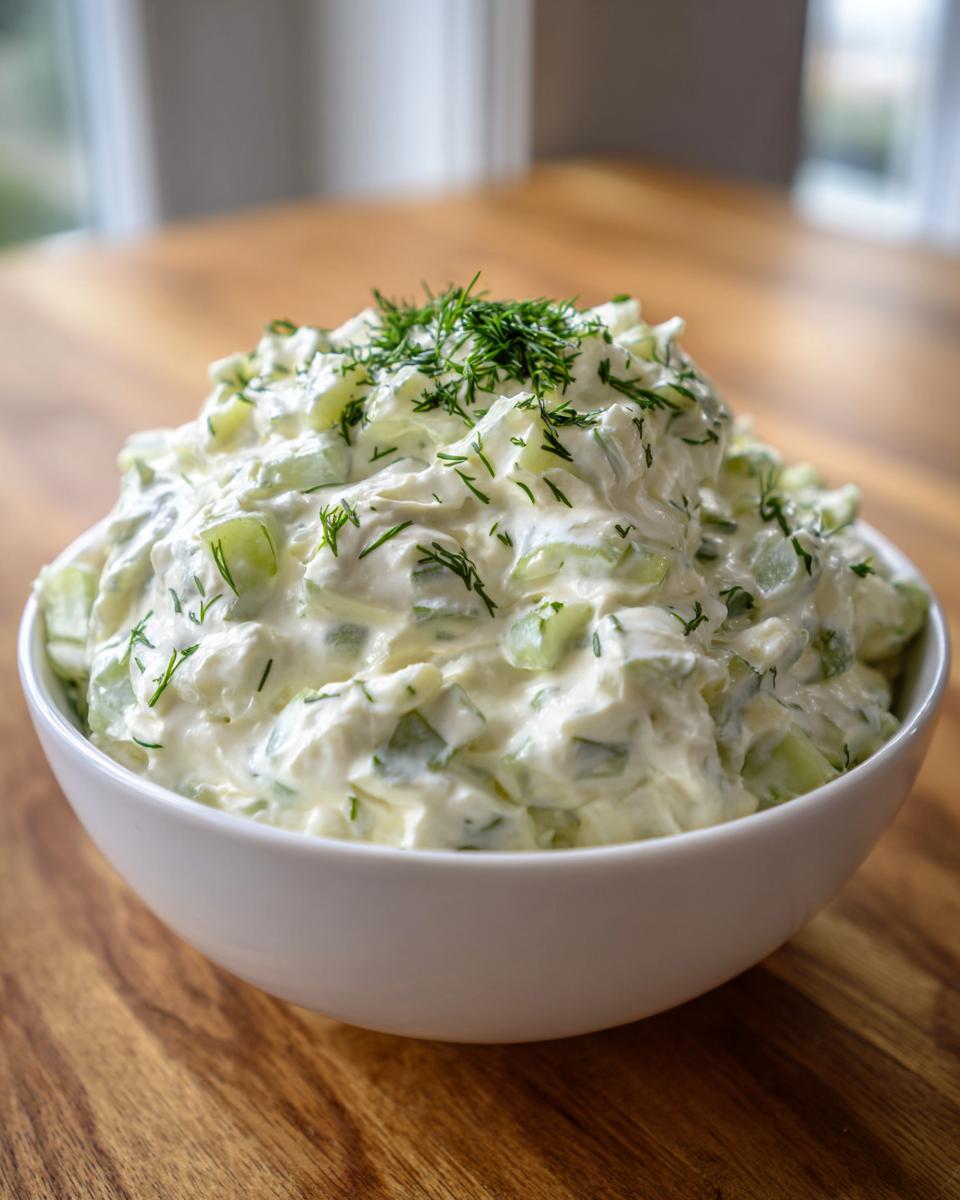 Close-up of a white bowl filled with creamy pickle dip, featuring chopped pickles and fresh dill on top.
