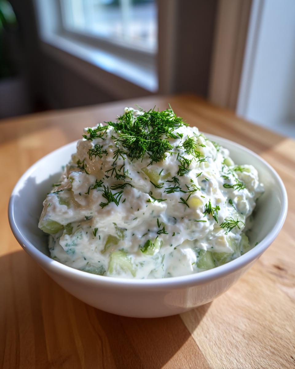 A close-up of creamy pickle dip topped with fresh dill, served in a white bowl on a wooden surface.