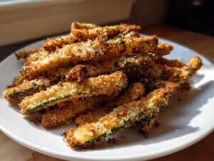 A pile of golden brown, crispy air fryer zucchini fries seasoned with herbs on a white plate.