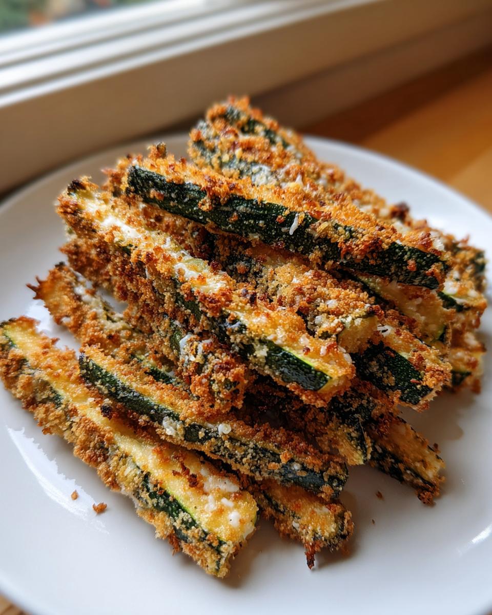 A pile of golden brown, crispy air fryer zucchini sticks coated in breadcrumbs on a white plate.