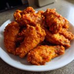 A close-up of several crispy, orange-red buffalo wings piled high on a white plate.