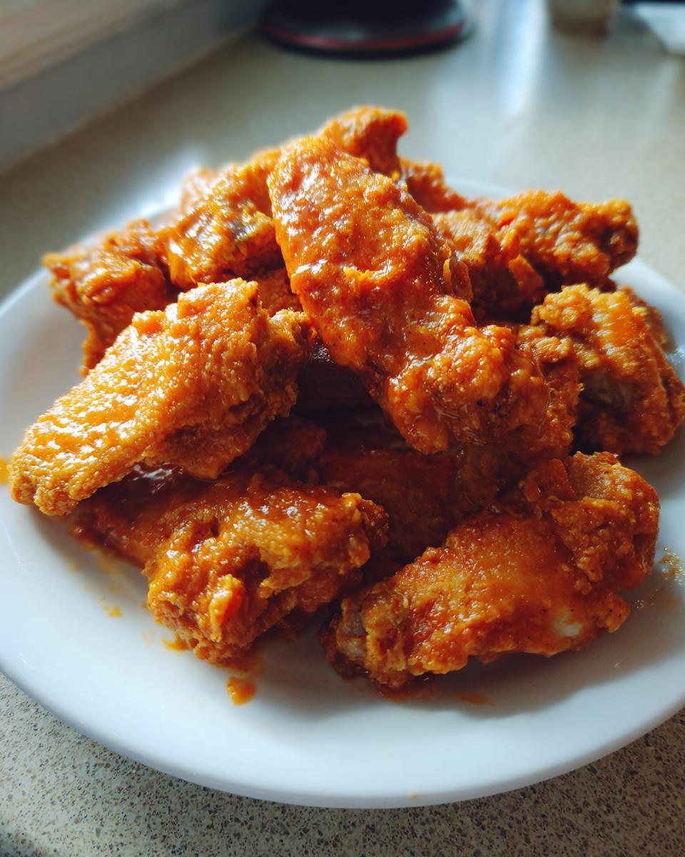 A close-up of crispy, saucy buffalo wings piled high on a white plate.