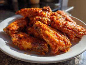 A close-up of several crispy, saucy buffalo wings piled high on a white plate.