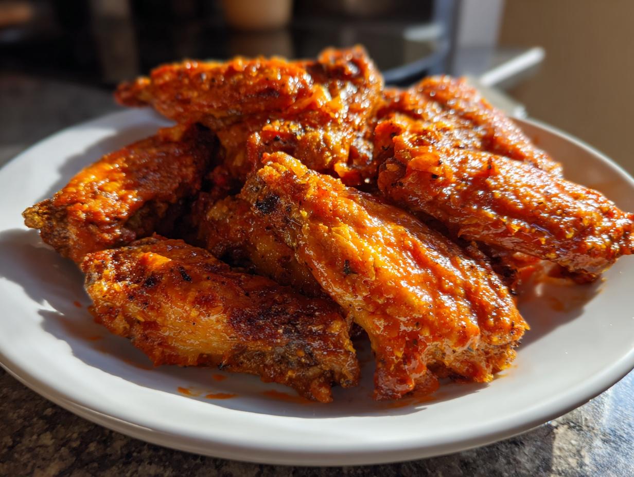 A close-up of several crispy, saucy buffalo wings piled high on a white plate.