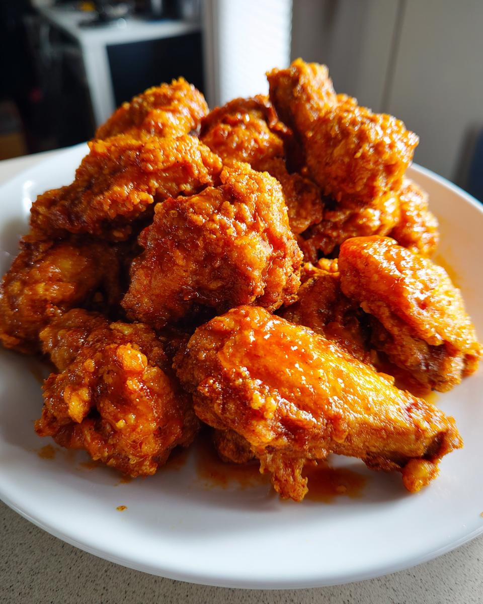 A close-up of a mound of crispy, saucy buffalo wings piled high on a white plate.