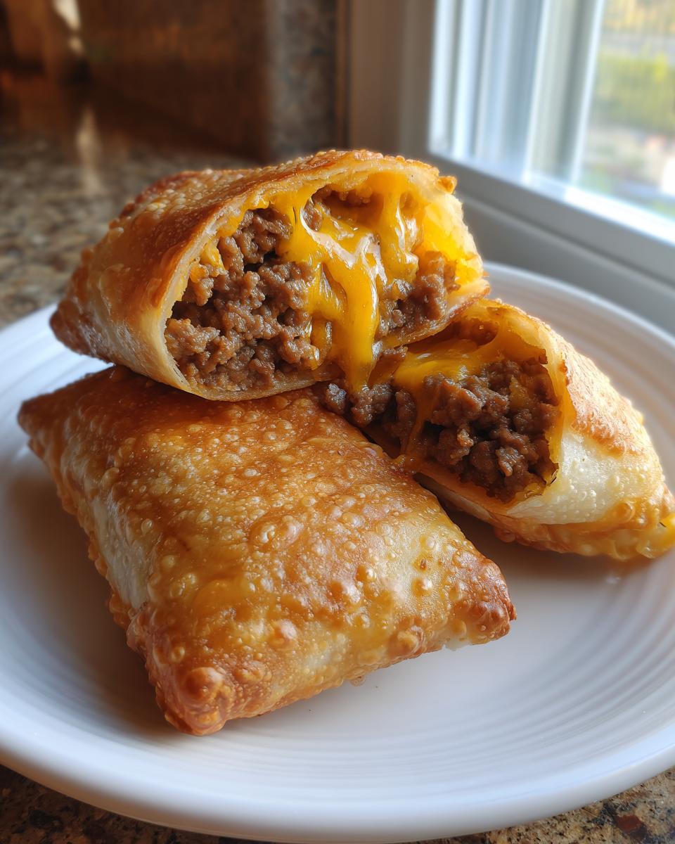 Close-up of crispy, golden-brown cheeseburger egg rolls, one cut open showing ground beef and melted cheese.