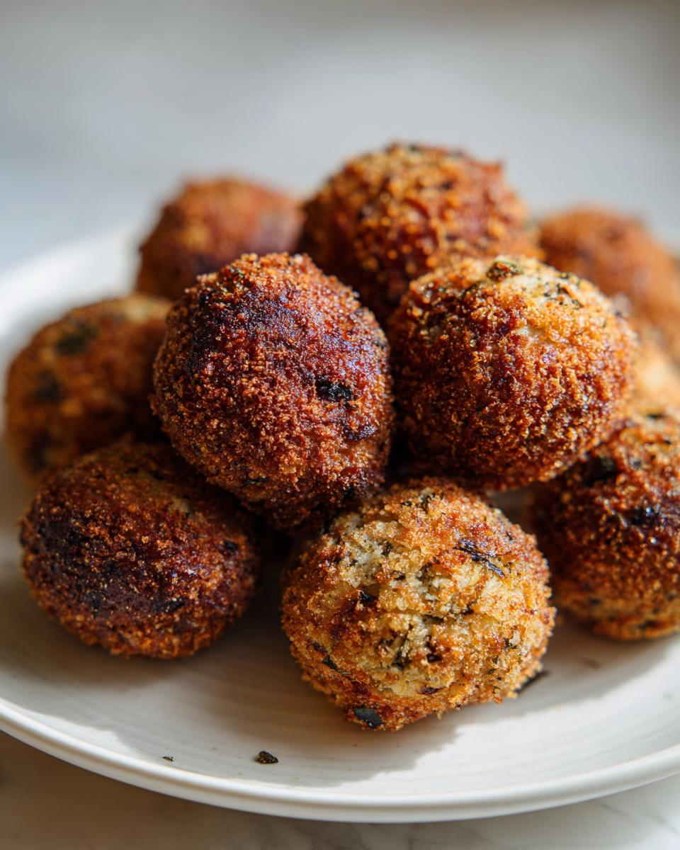 Close-up of several golden brown, crispy stuffing balls piled on a white plate.