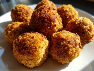 Close-up of several golden brown, crispy stuffing balls piled on a white plate.