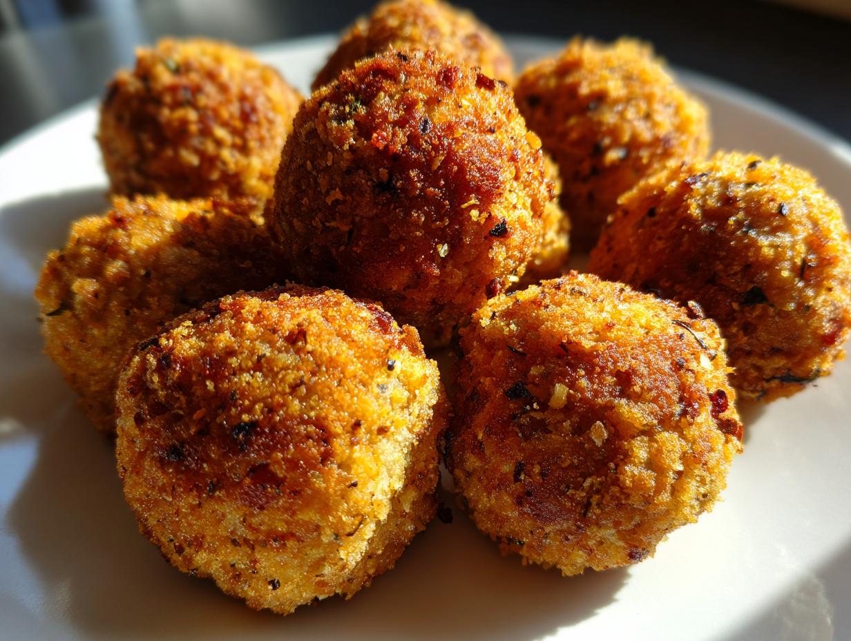 Close-up of several golden brown, crispy stuffing balls piled on a white plate.