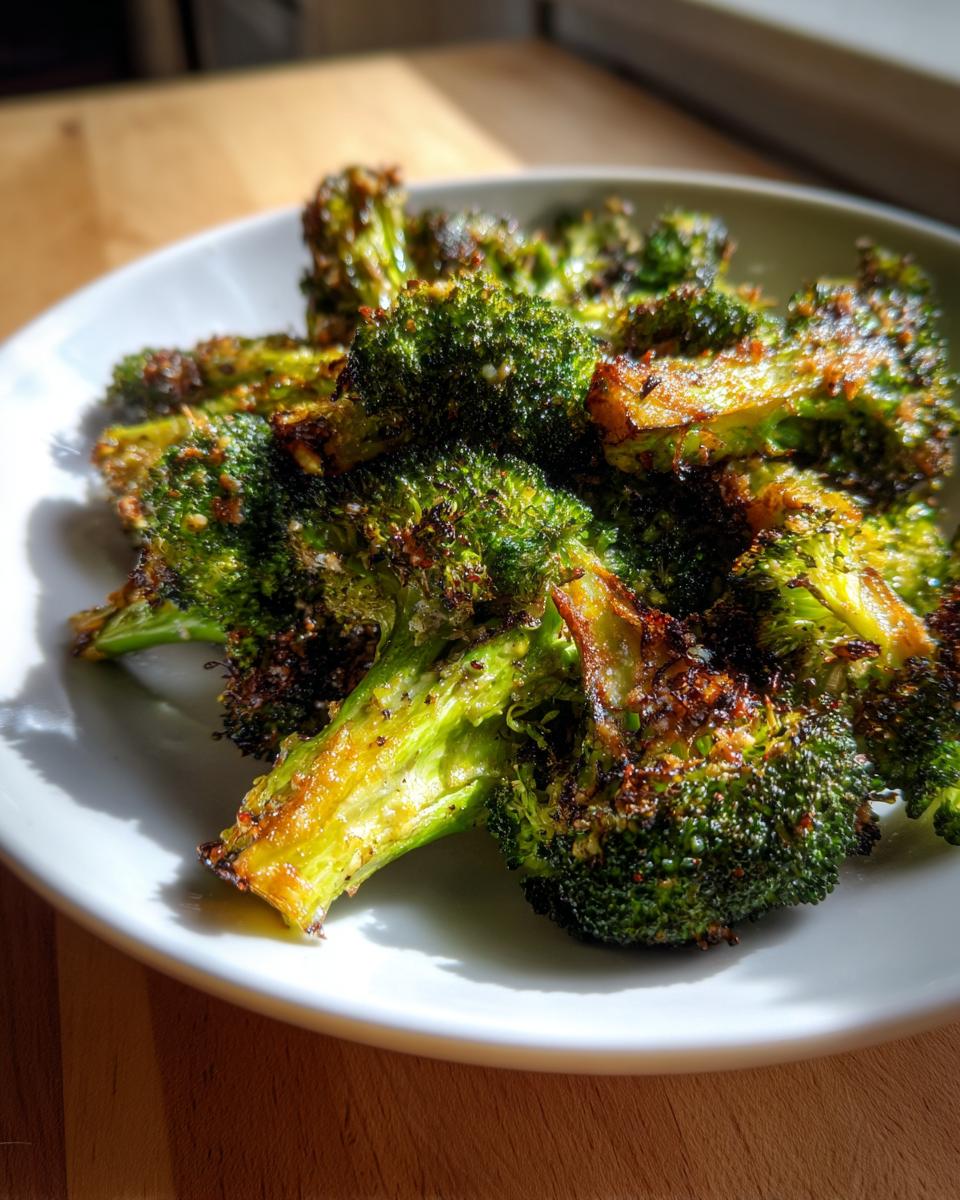 Close-up of perfectly crispy roasted broccoli florets seasoned and served on a white plate.