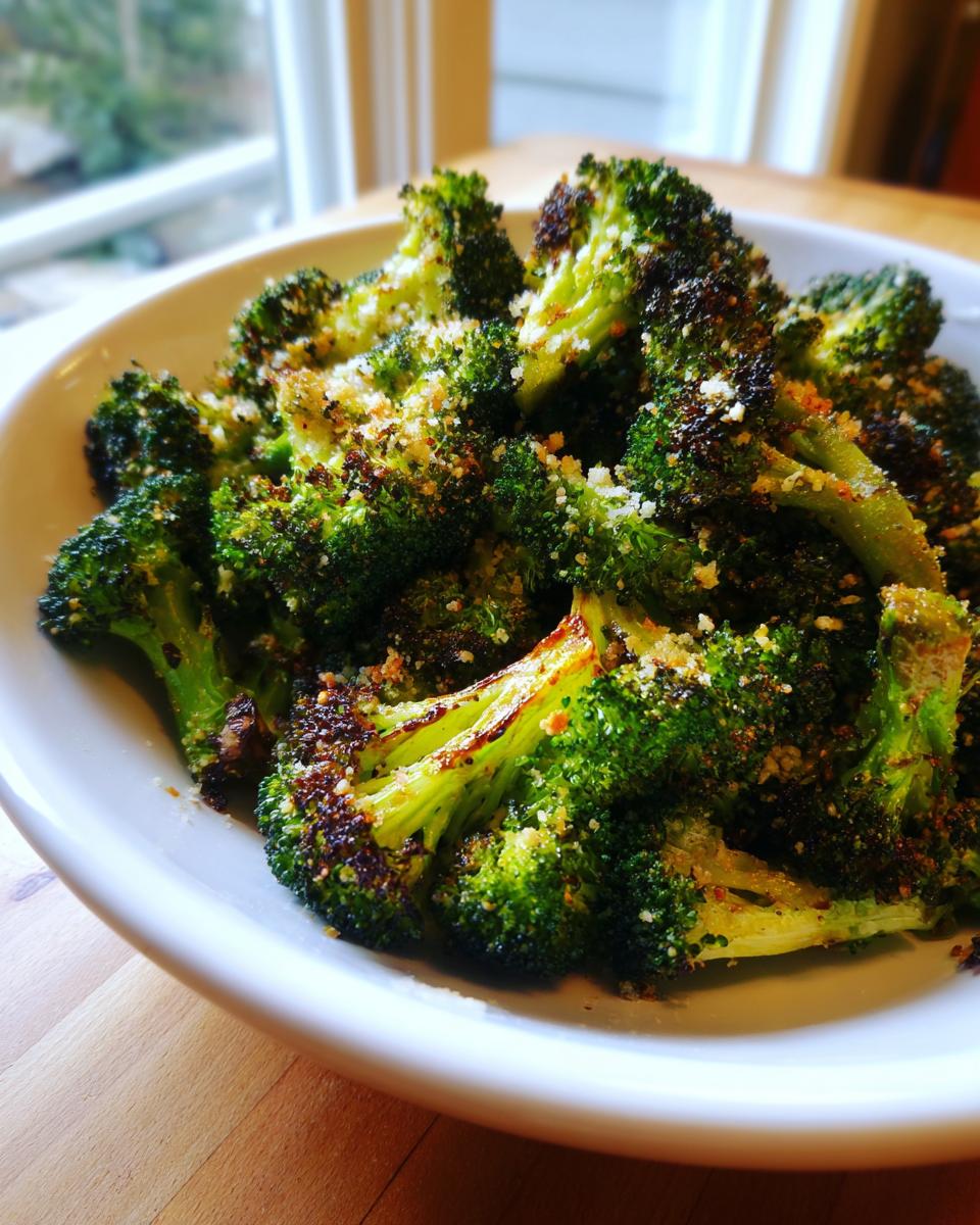 Close-up of perfectly roasted broccoli florets sprinkled with Parmesan cheese, showing crispy edges.