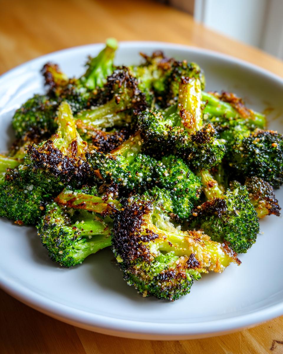 Close-up of perfectly crispy roasted broccoli florets sprinkled with Parmesan cheese.