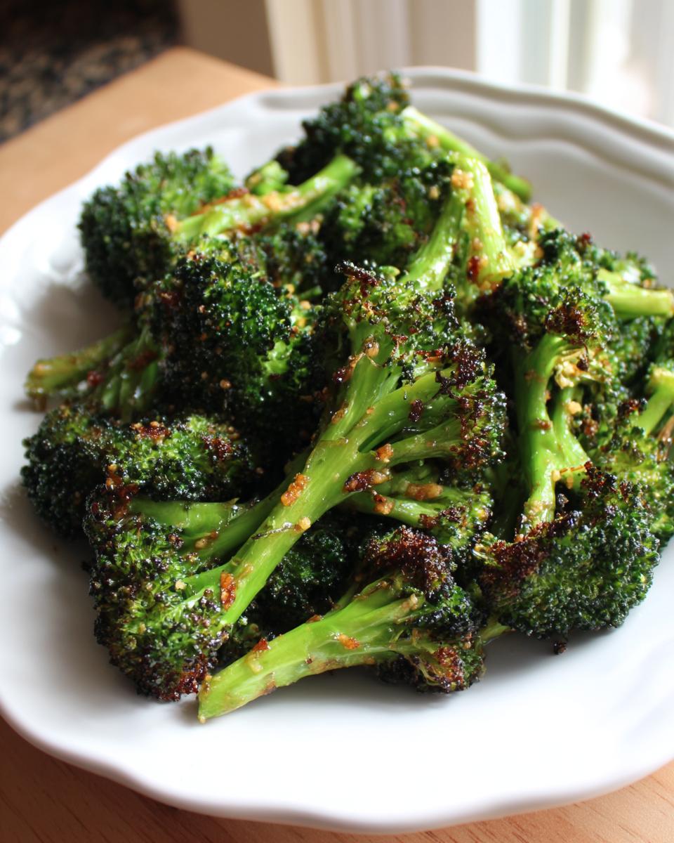 Close-up of perfectly crispy roasted broccoli florets seasoned with garlic and spices on a white plate.