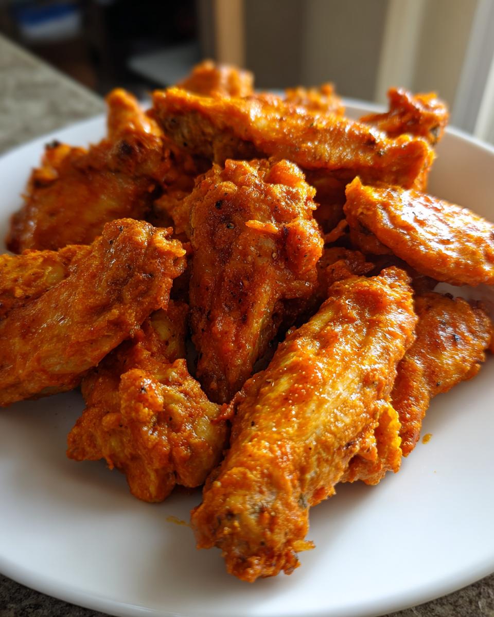 A close-up shot of a pile of crispy, bright orange buffalo wings served on a white plate.